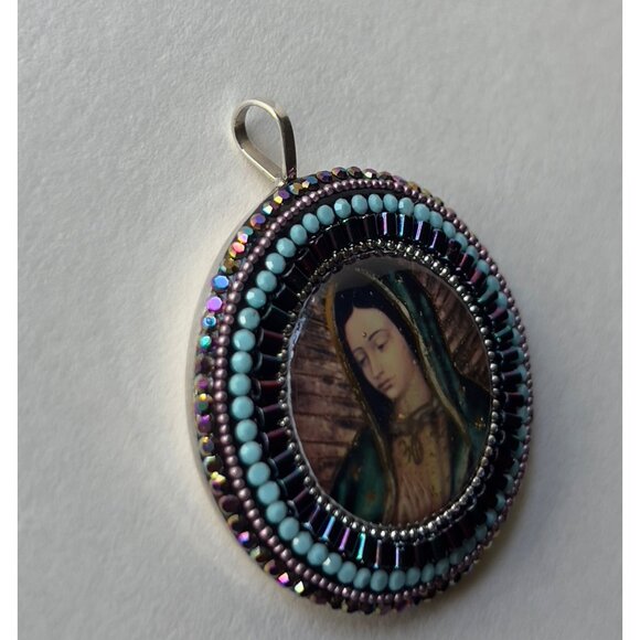 Independent Jewelry - Handmade Virgin Mary Pendant Necklace & Matching Earrings Set With Colorful Bead
